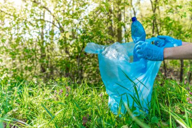 Gönüllü ormanı çöpten temizler, çevreyi korur.