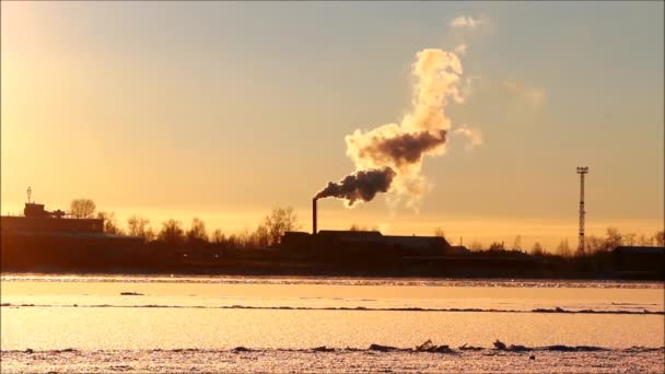 有害气体污染环境 烟囱冒出的烟在河边夕阳西下的背景下排放到空气中 一个环境问题 — 图库视频影像