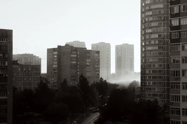 Black White Photo Morning Fog Gray Industrial City — Stock Photo, Image