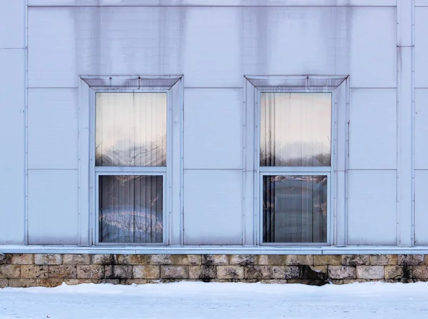 Duas janelas retangulares com tapume imitando aço, em grande complexo esportivo — Fotografia de Stock
