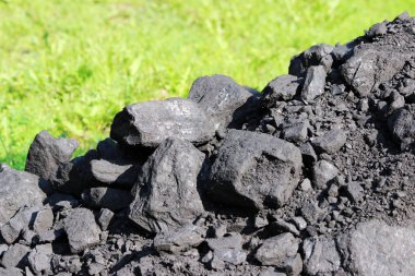 Siyah parlak yönlü adet kömür yeşil çim bir arka plan üzerinde yatıyor.