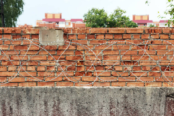 Barbed wire on a background of red brick wall.