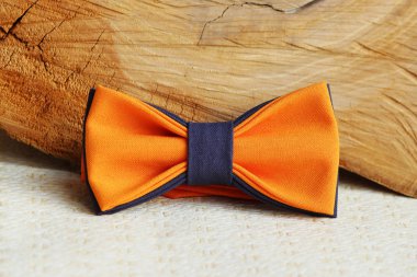 Kompozisyon: Gri papyonlu turuncu ve bej arka planda tahta çubuklu.