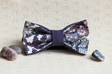 Kompozisyon: Bej arka planda abartılı papyon ve küçük taşlar