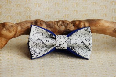 Kompozisyon: abartılı mavi ve beyaz, siyah ince desenli papyon, bej arka planda ahşap bir sopa