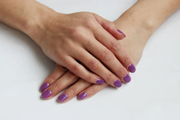 Beleza Delicada Manicure Violeta Com Verniz Gel Fundo Parede Branca — Fotografia de Stock