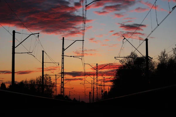 Weergave Van Spoorlijn Tegen Hemel Net Zonsondergang Stad Gatchina Rusland — Stockfoto