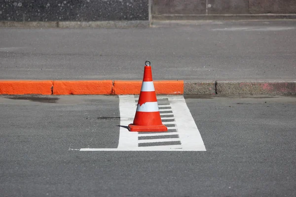 Plastic Signaling Traffic Cone Encloses Place Parking Lot Cars — Stock Photo, Image