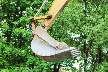 Yeşil yeşillik bir ağacın çerçevede bir kova Ekskavatör.