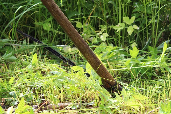 İşçi bir tırpan ile çim biçer. Rusya.