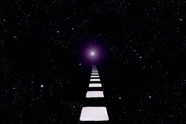 space with stars and white road markings and one pale blurred star.