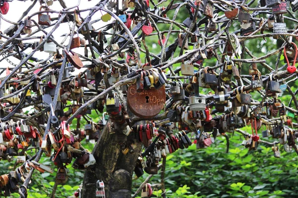 A metal wish tree with lots of locks from the newlyweds.