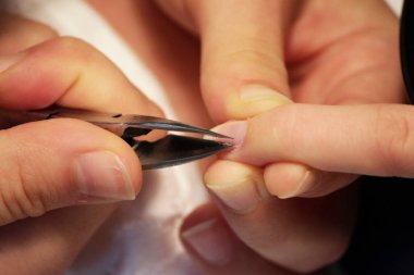 Eğitim kursları, manikürcü öğrenciler nasıl çivi kerpeten cuticles yardımıyla gomalak uygulamadan önce işleneceğini gösterir.