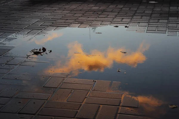 beautiful little pink cloud, illuminated by the setting sun, is reflected in a puddle in the square with paving tiles.