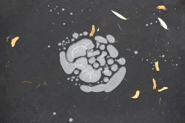 Lake covered with ice with a lot of frozen big and small bubbles in the winter. interesting image. — Stock Photo, Image