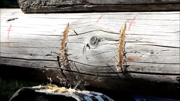 Assemblage d'un cadre en bois et construction d'une maison. La Russie. Texture de vieux rondins en bois, encastrement dans le rondin pour l'assemblage à la hache . — Video