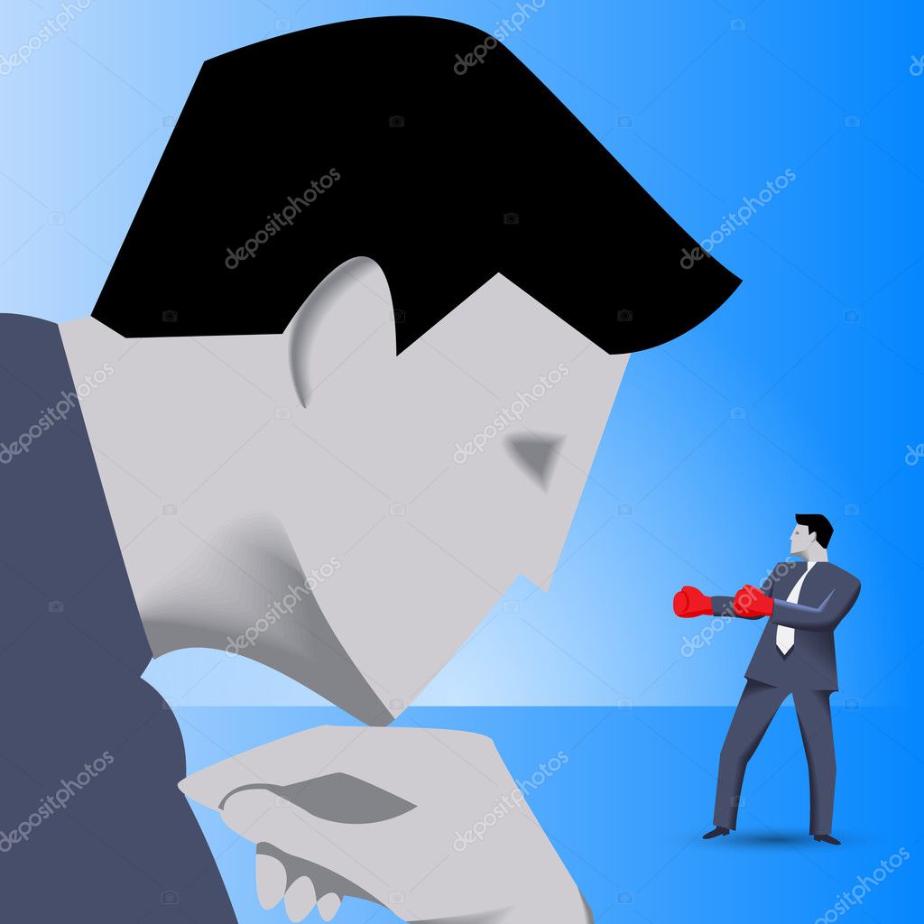 Corporate vs small business competition concept. Huge businessman looks with irony on brave small businessman in boxing gloves. Vector illustration. Use as template, logo, background or other design.
