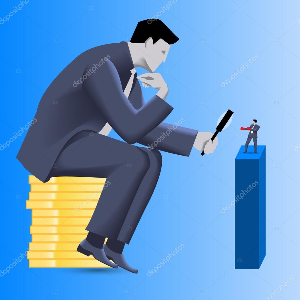 Corporate vs small business competition concept. Huge businessman sitting on pile of gold coins looks via magnifier on brave small businessman in boxing gloves. Vector illustration.