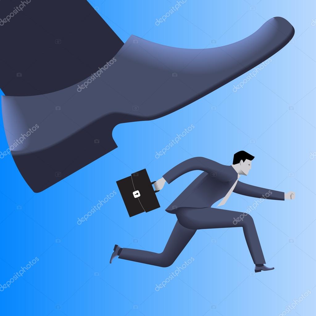 Corporate vs small business competition concept. Huge foot of corporate business trying to smash small running businessman with case. Vector illustration. Use as template, logo, background.