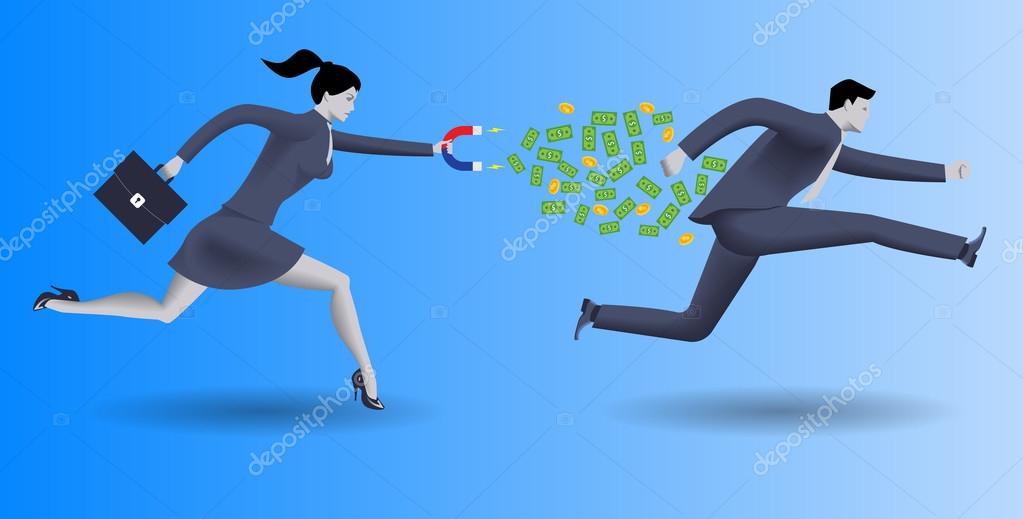 Debt collector business concept. Confident business woman in business suit with magnet in one hand and case in other chases another businessman and pulls money out of him.