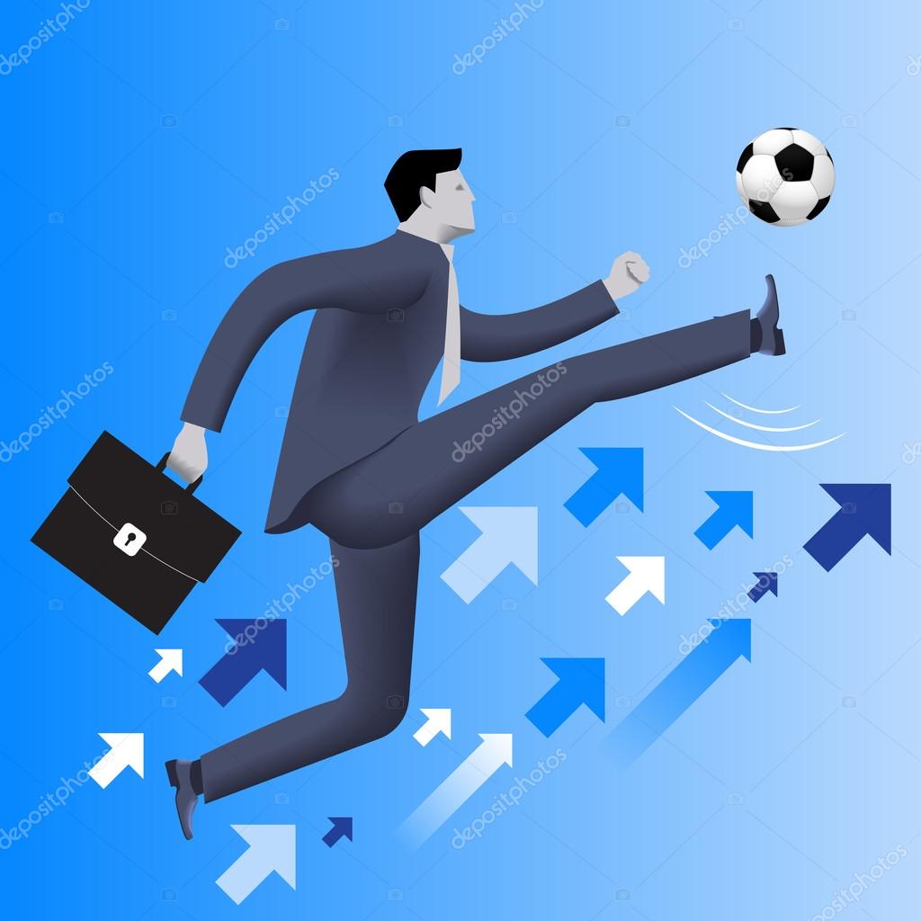 Put the ball in the game business concept. Confident businessman in business suit with case kicks soccer ball up to the sky. Concept of starting new business. startup or contract. Vector illustration.