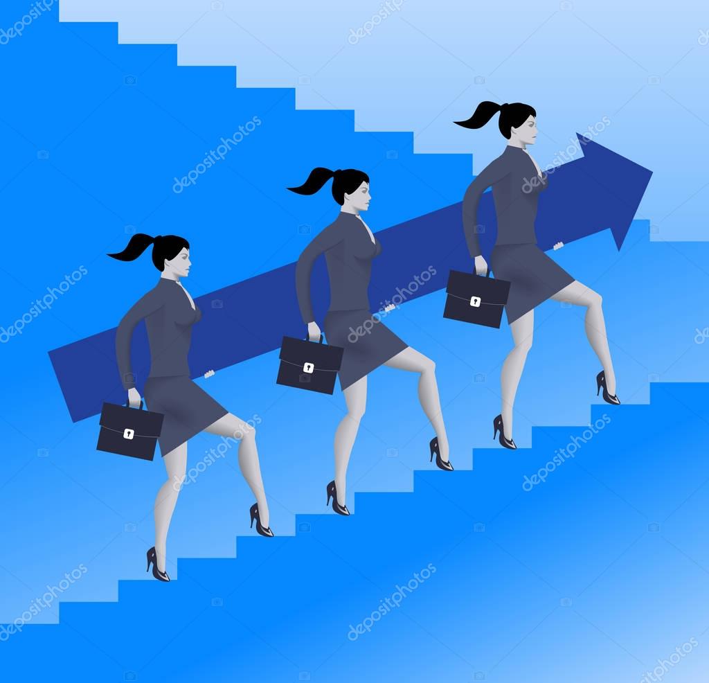 Women power business concept. Three confident business women in suits and with cases raising up the ladder holding big arrow. Team, teamwork, career opportunities and career ladder.