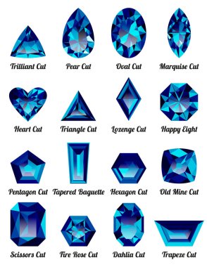 Set of realistic blue amethysts with complex cuts clipart