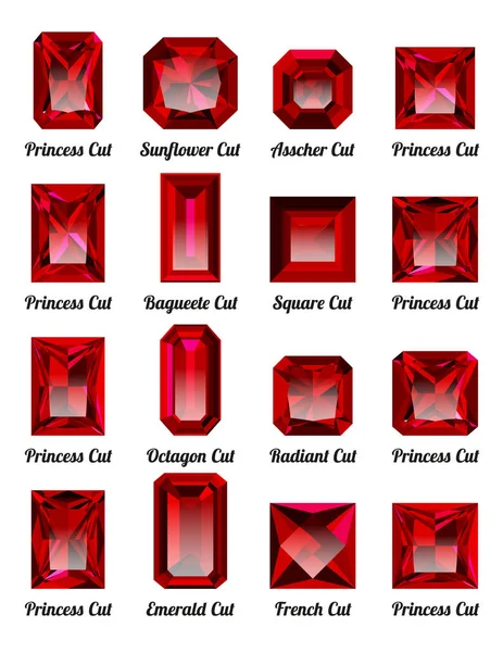 Set of red rubies with rectangle cuts — Stock Vector