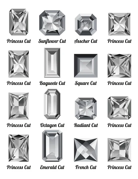 Set of white diamonds with rectangle cuts — Stock Vector