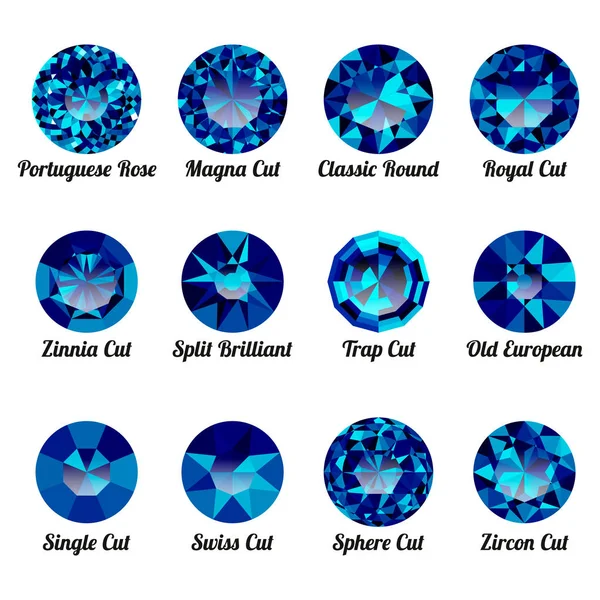 Set of realistic blue amethysts with round cuts — Stock Vector