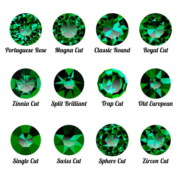 Ensemble d'émeraudes vertes réalistes avec des coupes rondes — Image vectorielle