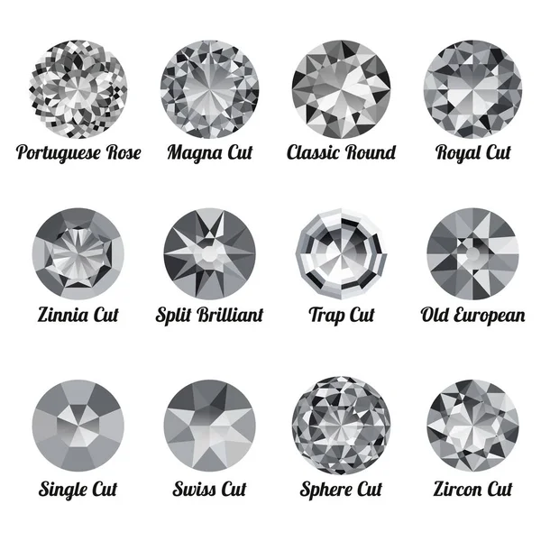 Ensemble de diamants blancs réalistes avec des coupes rondes — Image vectorielle