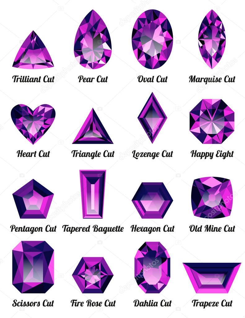 Set of realistic purple amethysts with complex cuts isolated on white background. Jewel and jewelry. Colorful gems and gemstones. Trilliant, pear, oval, marquise, heart, triangle, lozenge, happy eight