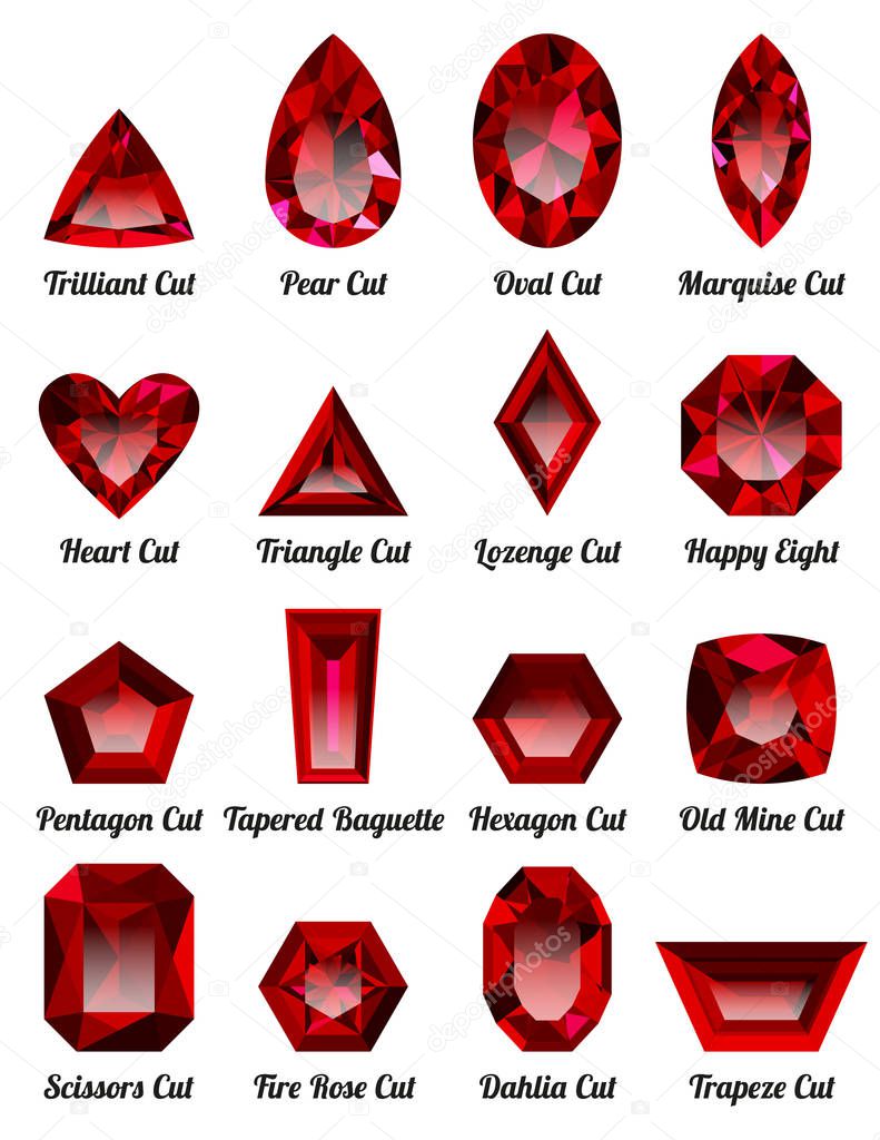Set of realistic red rubies with complex cuts isolated on white background. Jewel and jewelry. Colorful gems and gemstones. Trilliant, pear, oval, marquise, heart, triangle, lozenge, happy eight.