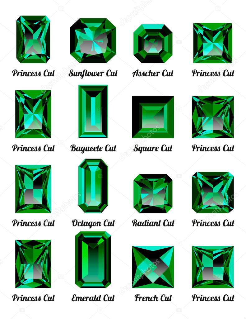 Set of realistic green emeralds with rectangle cuts isolated on white background. Jewel and jewelry. Colorful gems and gemstones. Princess, sunflower, asscher, baguette, square, octagon, radiant