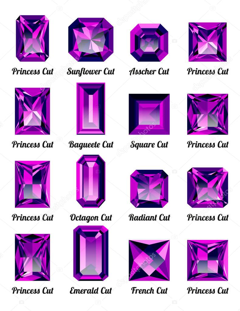 Set of realistic purple amethysts with rectangle cuts isolated on white background. Jewel and jewelry. Colorful gems and gemstones. Princess, sunflower, asscher, baguette, square, octagon, radiant