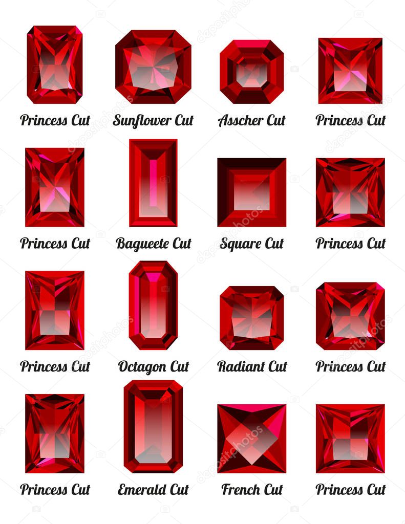 Set of realistic red rubies with rectangle cuts isolated on white background. Jewel and jewelry. Colorful gems and gemstones. Princess, sunflower, asscher, baguette, square, octagon, radiant
