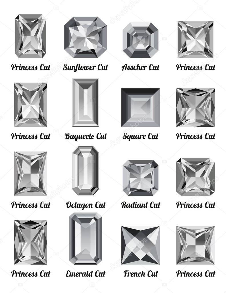 Set of realistic white diamonds with rectangle cuts isolated on white background. Jewel and jewelry. Colorful gems and gemstones. Princess, sunflower, asscher, baguette, square, octagon, radiant