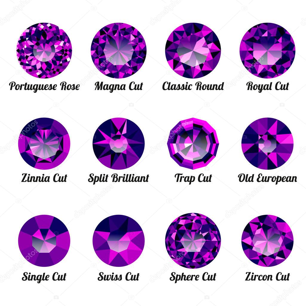 Set of realistic purple amethysts with round cuts isolated on white background. Jewel and jewelry. Colorful gems and gemstones. Magna, classic round, royal, zinnia, trap, single, swiss, sphere, zircon