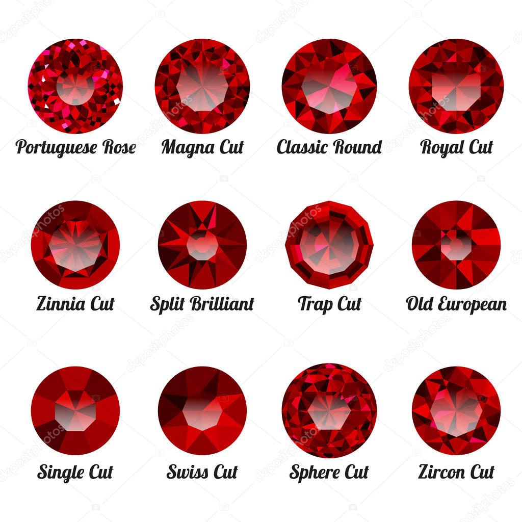 Set of realistic red rubies with round cuts isolated on white background. Jewel and jewelry. Colorful gems and gemstones. Magna, classic round, royal, zinnia, trap, single, swiss, sphere, zircon