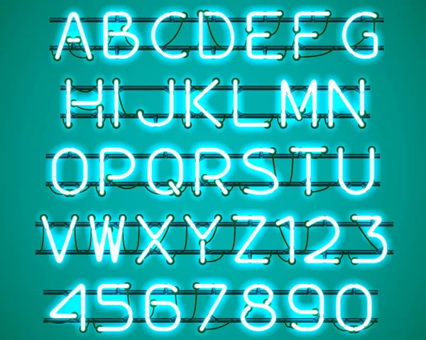 Leuchtend blaues Neon-Alphabet. — Stockvektor