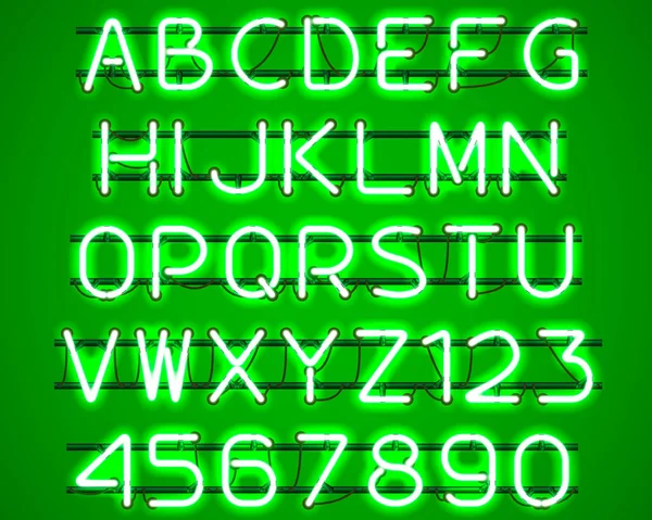 Gloeiende groene Neon alfabet. — Stockvector