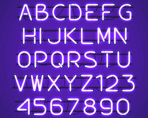 Leuchtend violettes Neon-Alphabet. — Stockvektor