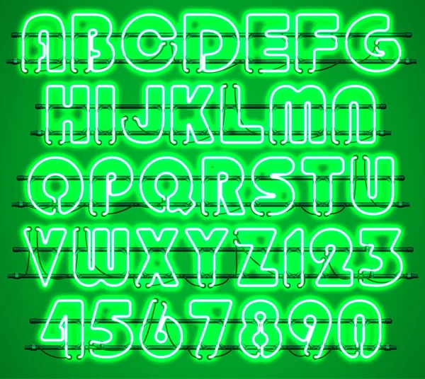 輝く緑のネオンのアルファベット. — ストックベクタ