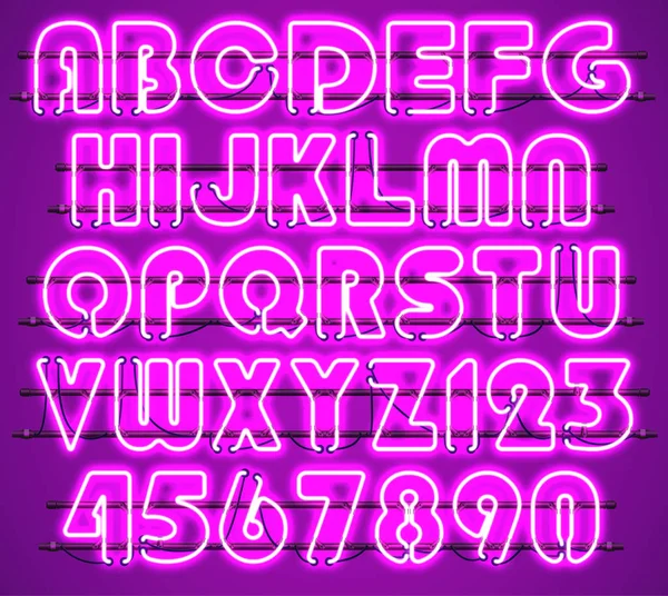 Светящийся фиолетовый неоновый алфавит . — стоковый вектор
