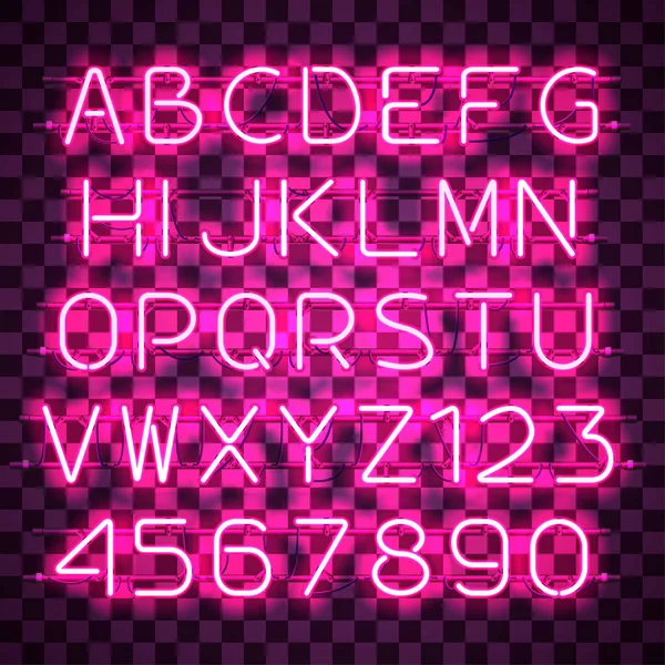 Leuchtend violettes Neon-Alphabet. — Stockvektor