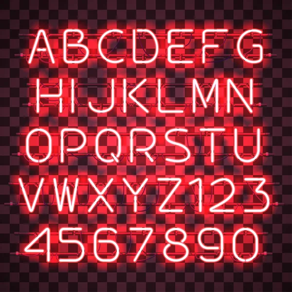 Leuchtend rotes Neon-Alphabet. — Stockvektor