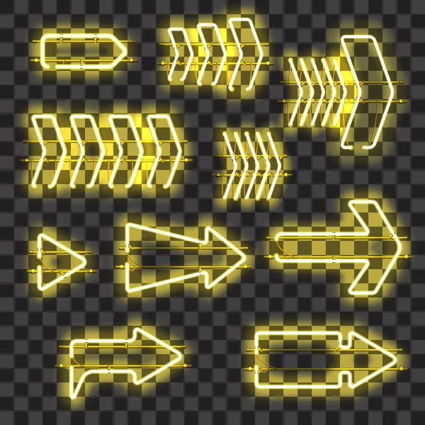 Set of glowing yellow neon arrows — Stock Vector