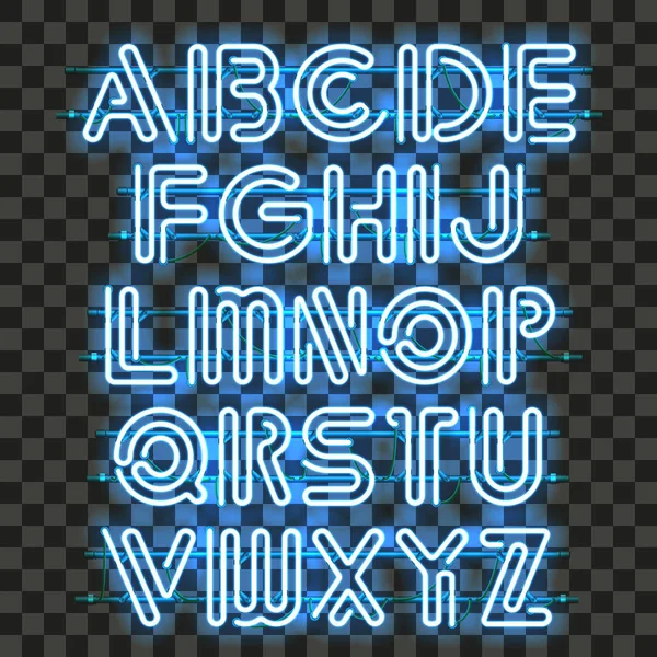 Leuchtend blaues Neon-Alphabet. — Stockvektor