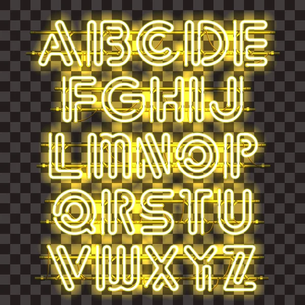 Leuchtend gelbes Neon-Alphabet. — Stockvektor